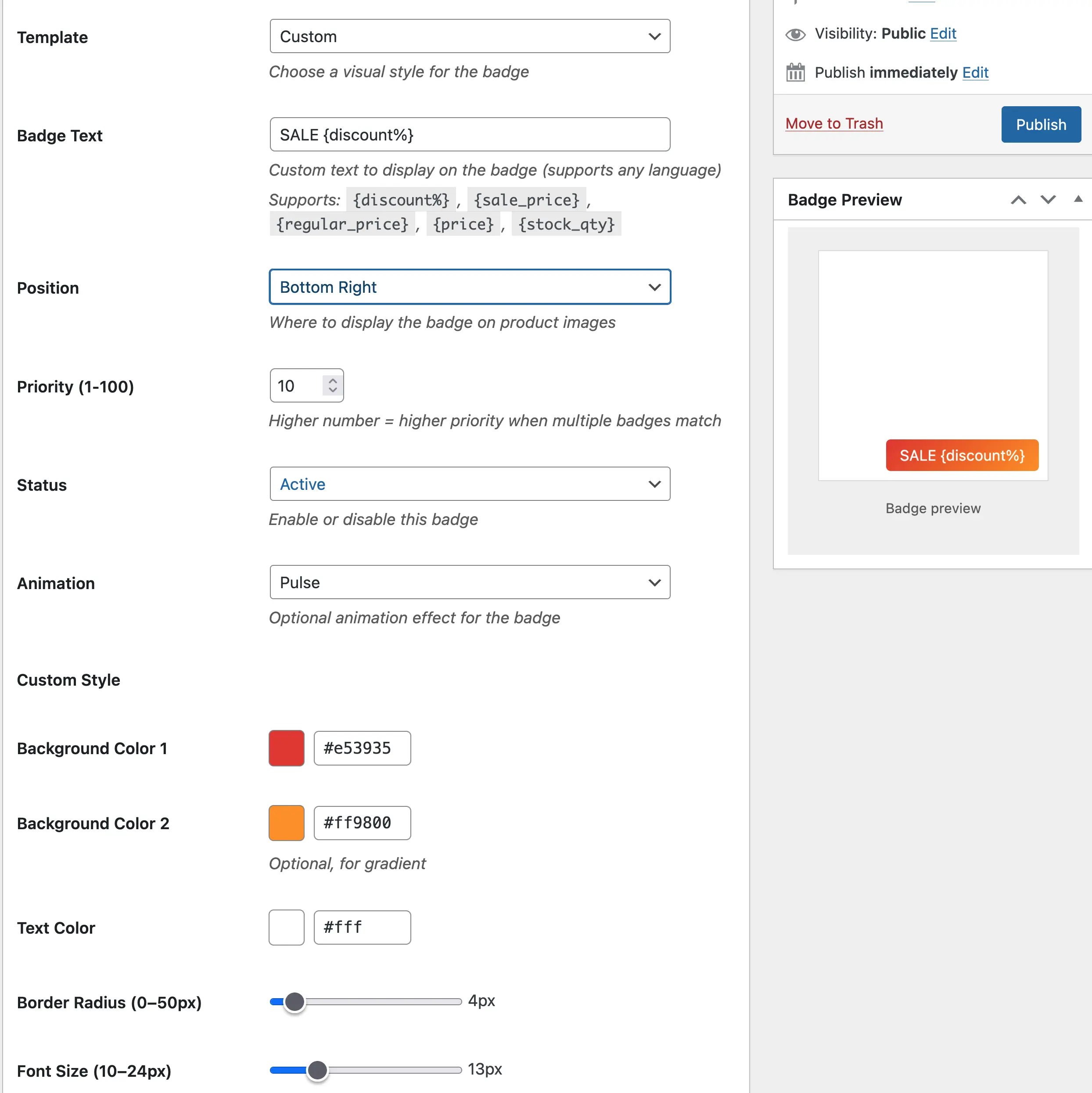 Custom badge settings