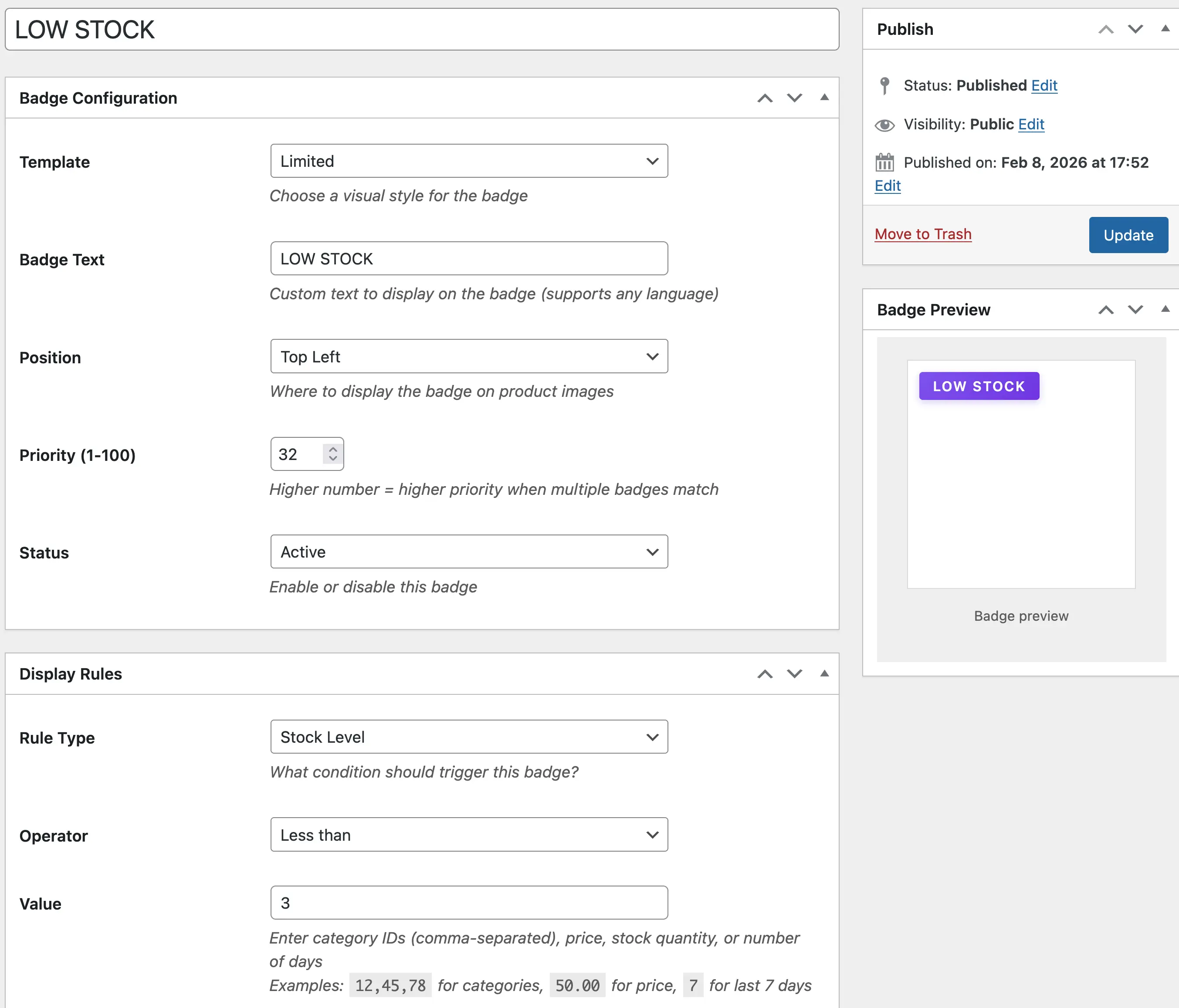 Low stock badge settings