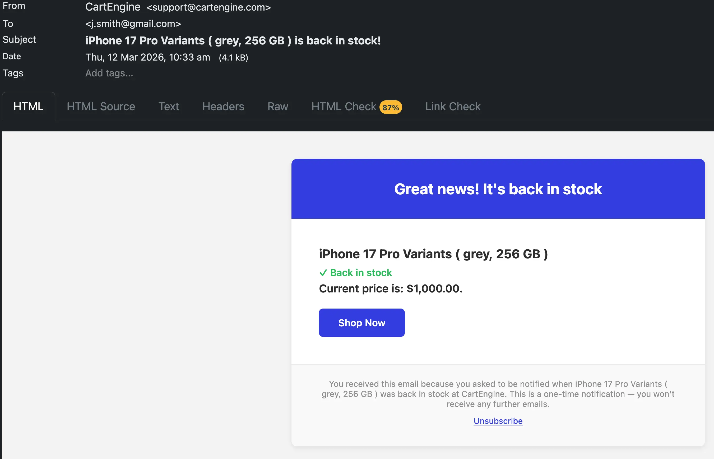 Back-in-stock email notification