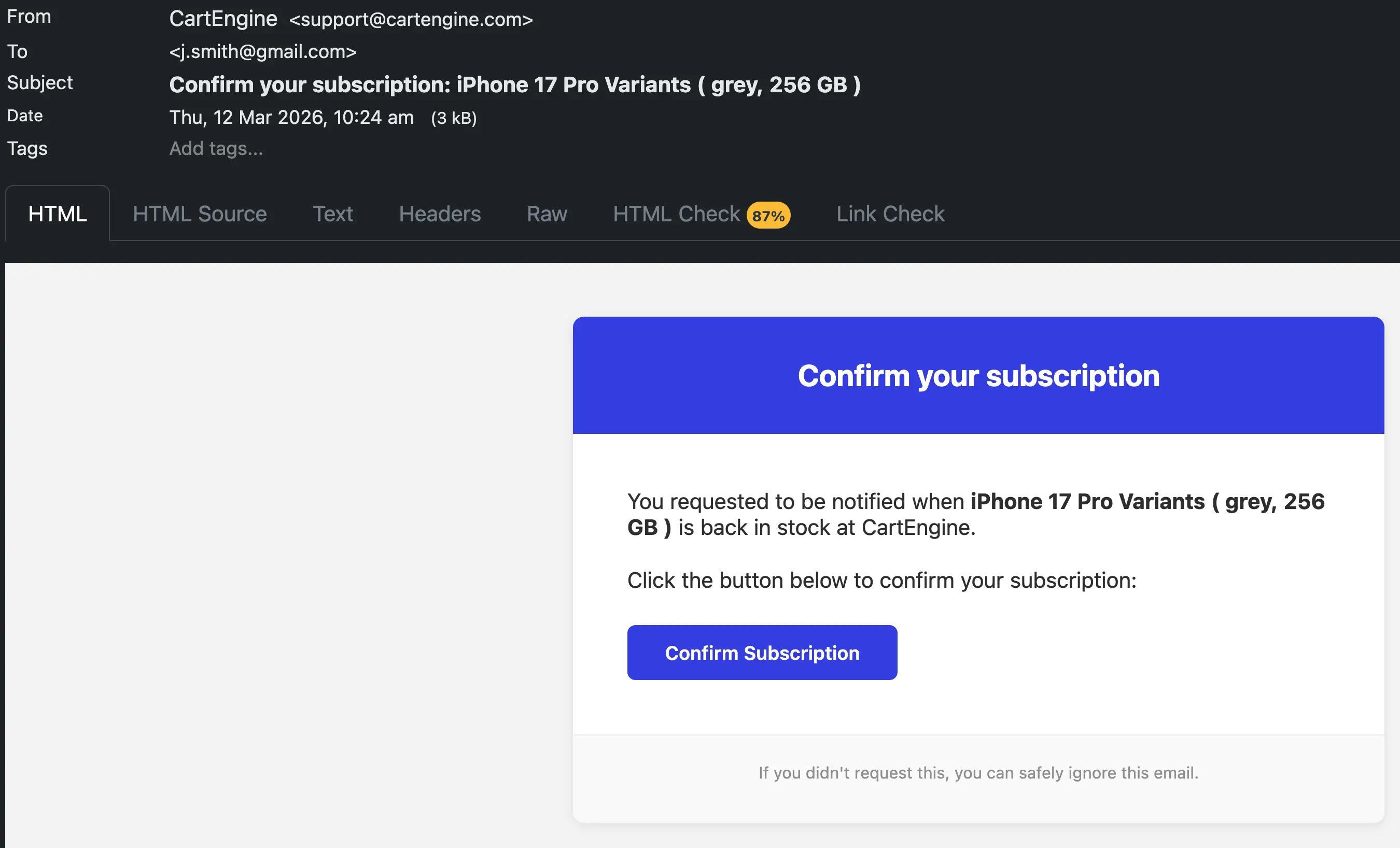 Subscription confirmation email